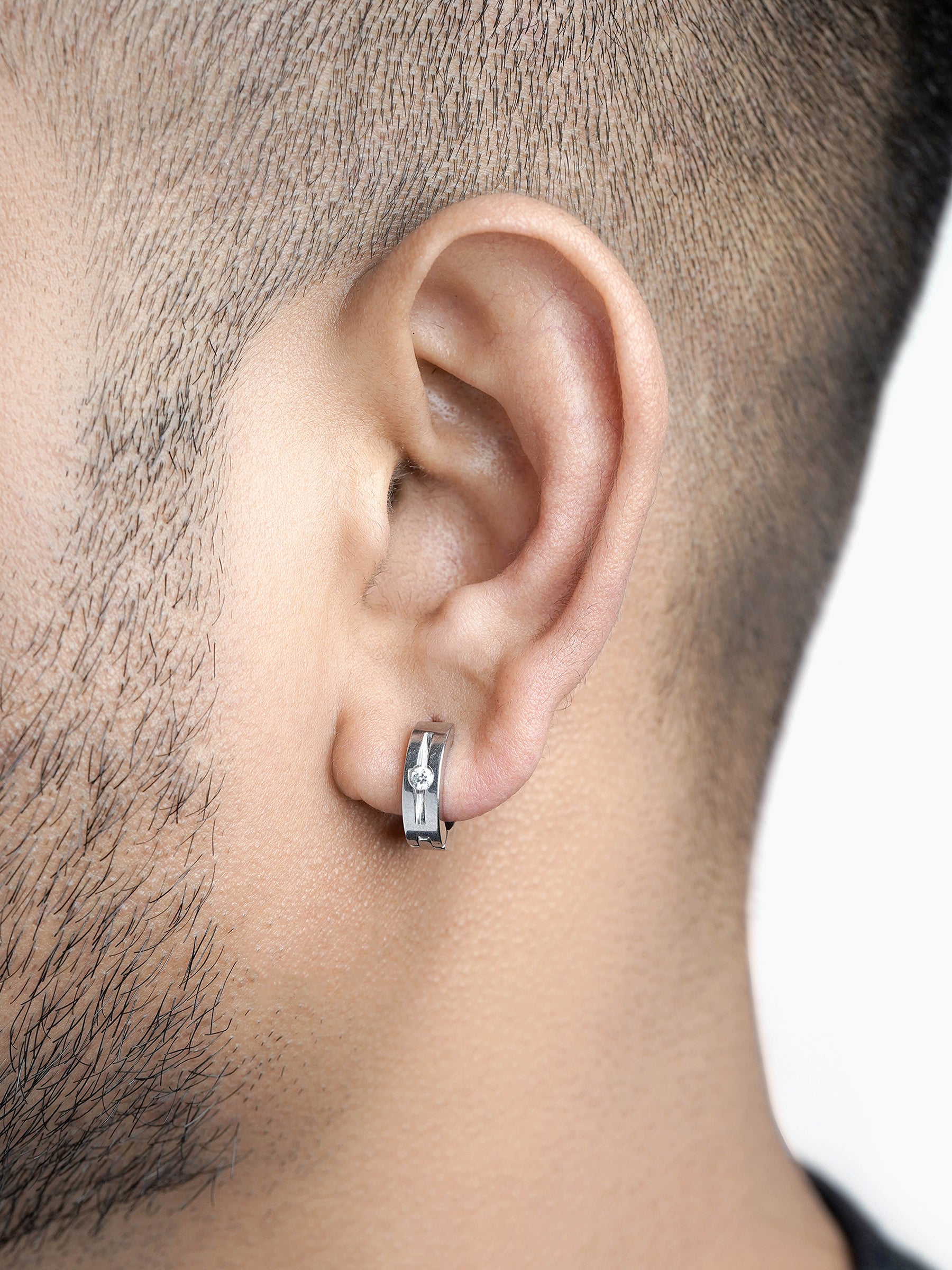Solaris CZ Studed Diamond Silver Men's Hoop Earrings