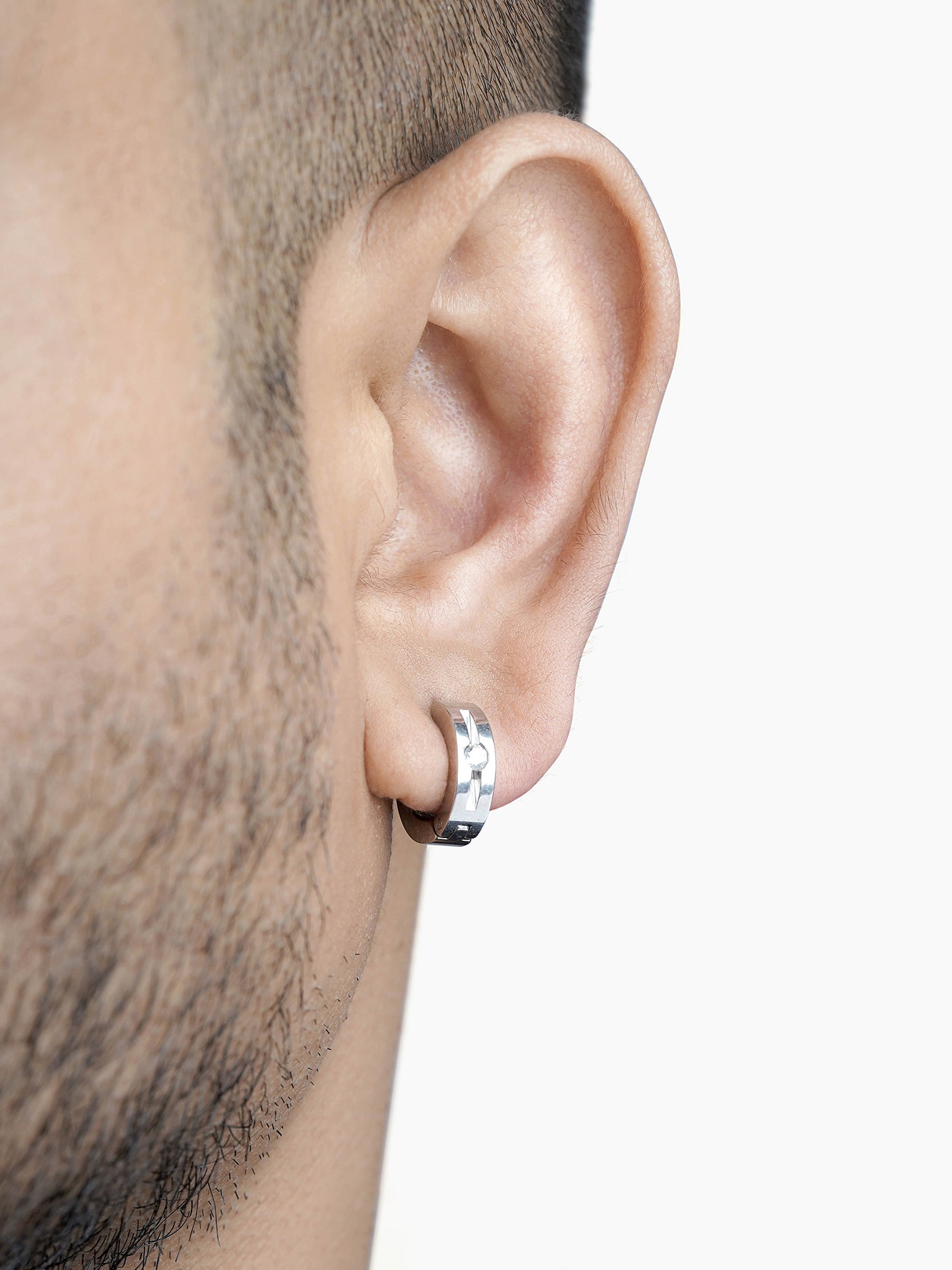 Solaris CZ Studed Diamond Silver Men's Hoop Earrings