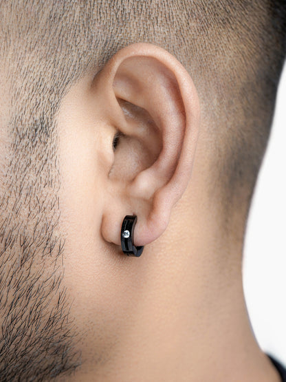 Solaris CZ Studed Diamond Black Men's Hoop Earrings