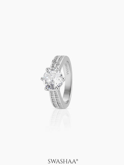 Solene Crowned Round Silver Diamond Solitaire Women's Ring