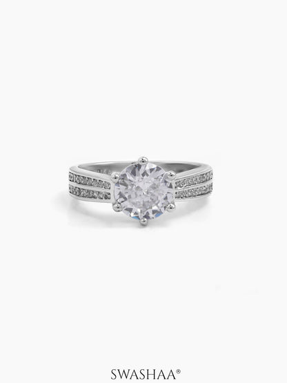 Solene Crowned Round Silver Diamond Solitaire Women's Ring