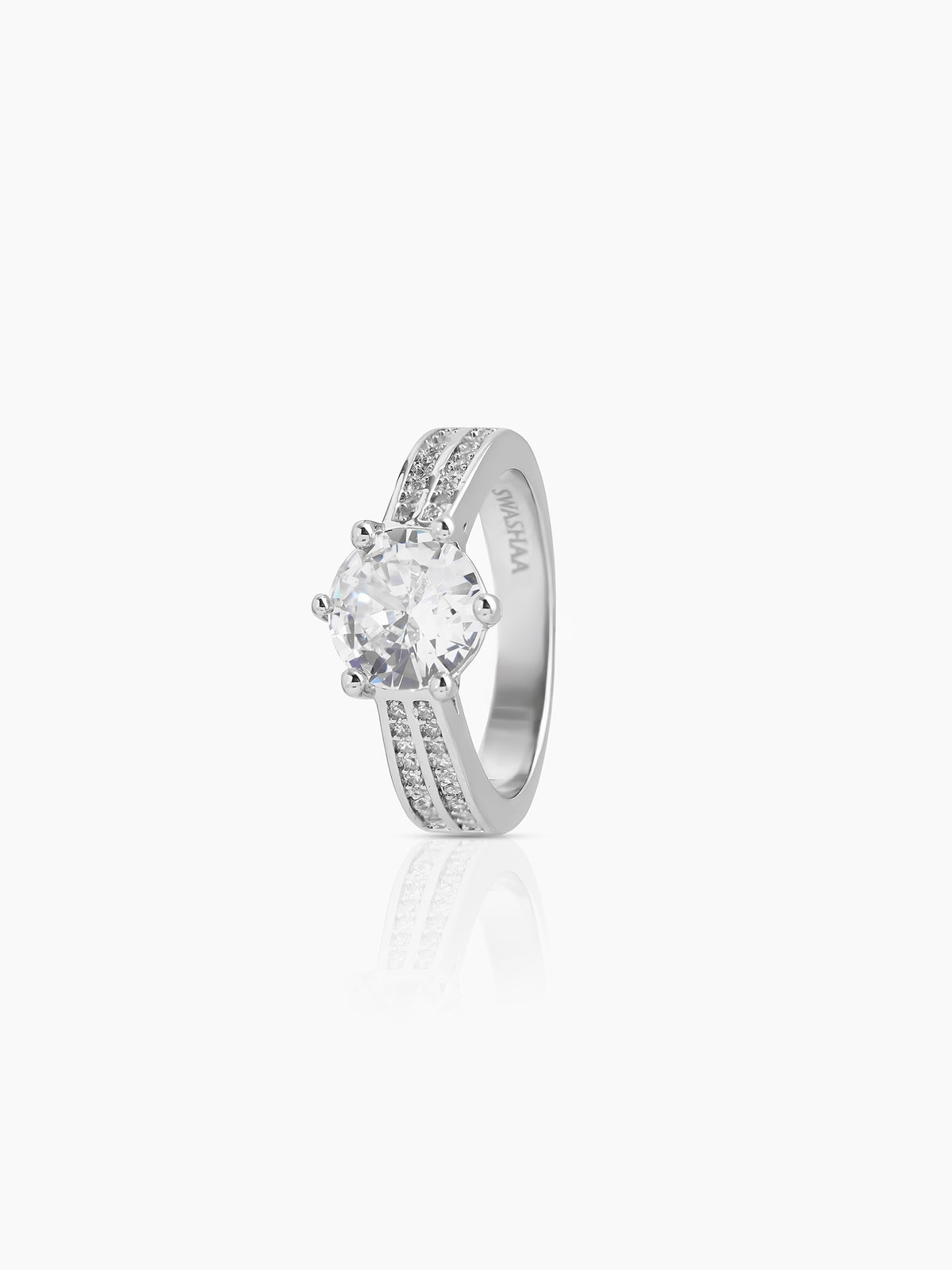 Solene Crowned Round Silver Diamond Solitaire Women's Ring