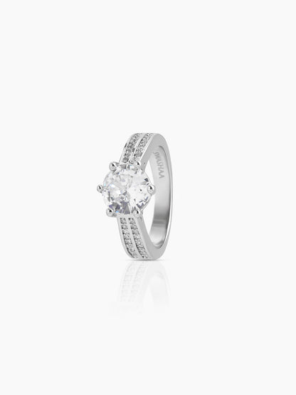 Solene Crowned Round Silver Diamond Solitaire Women's Ring