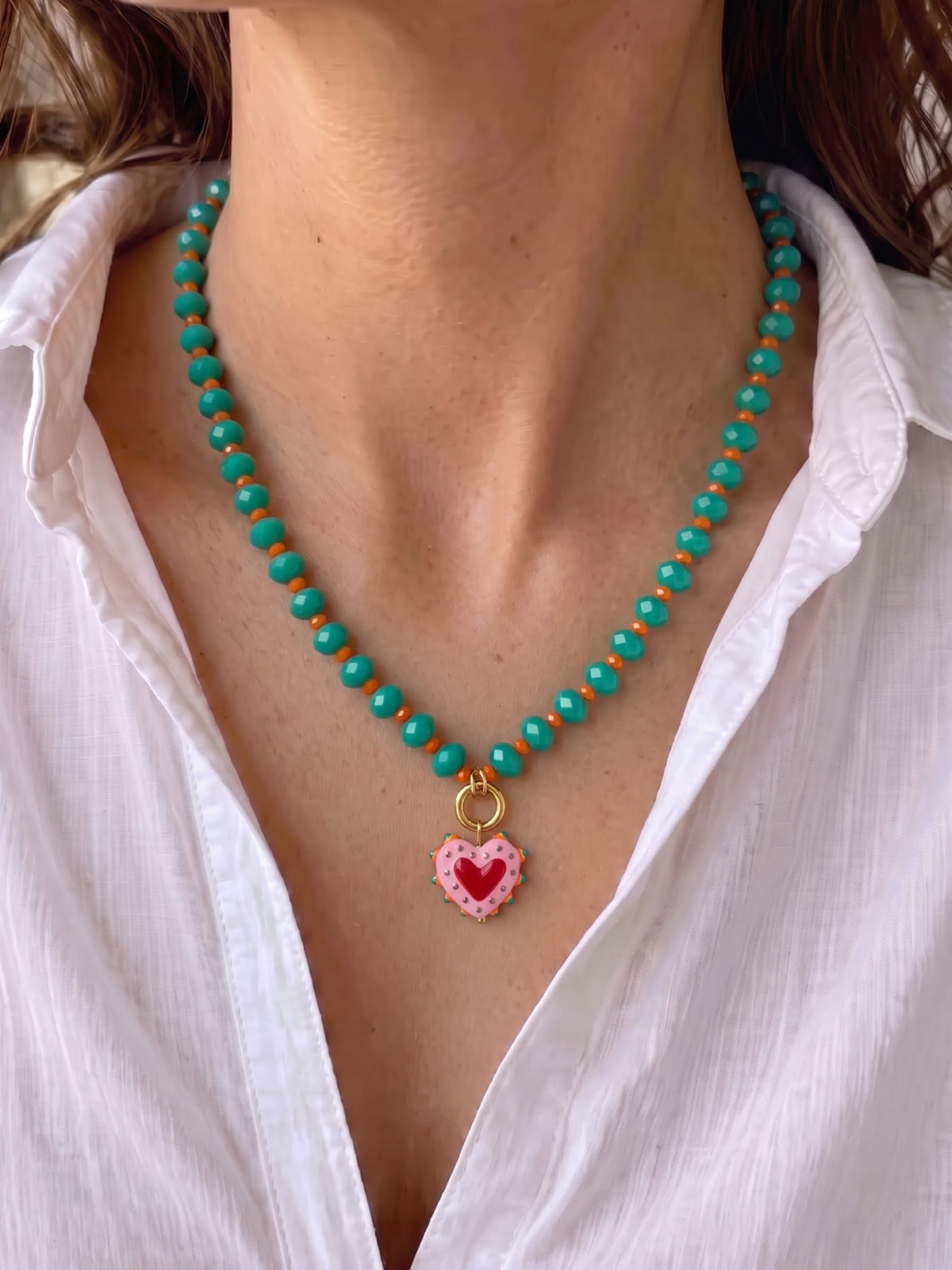 Solis Pink Heart Green Beads Women's Beaded Chain Pendant Necklaces