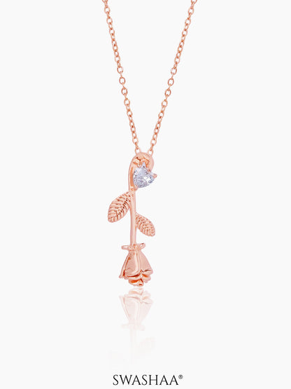 Solitaire Rose Charm Rosegold Plated Chain Pendant Necklace