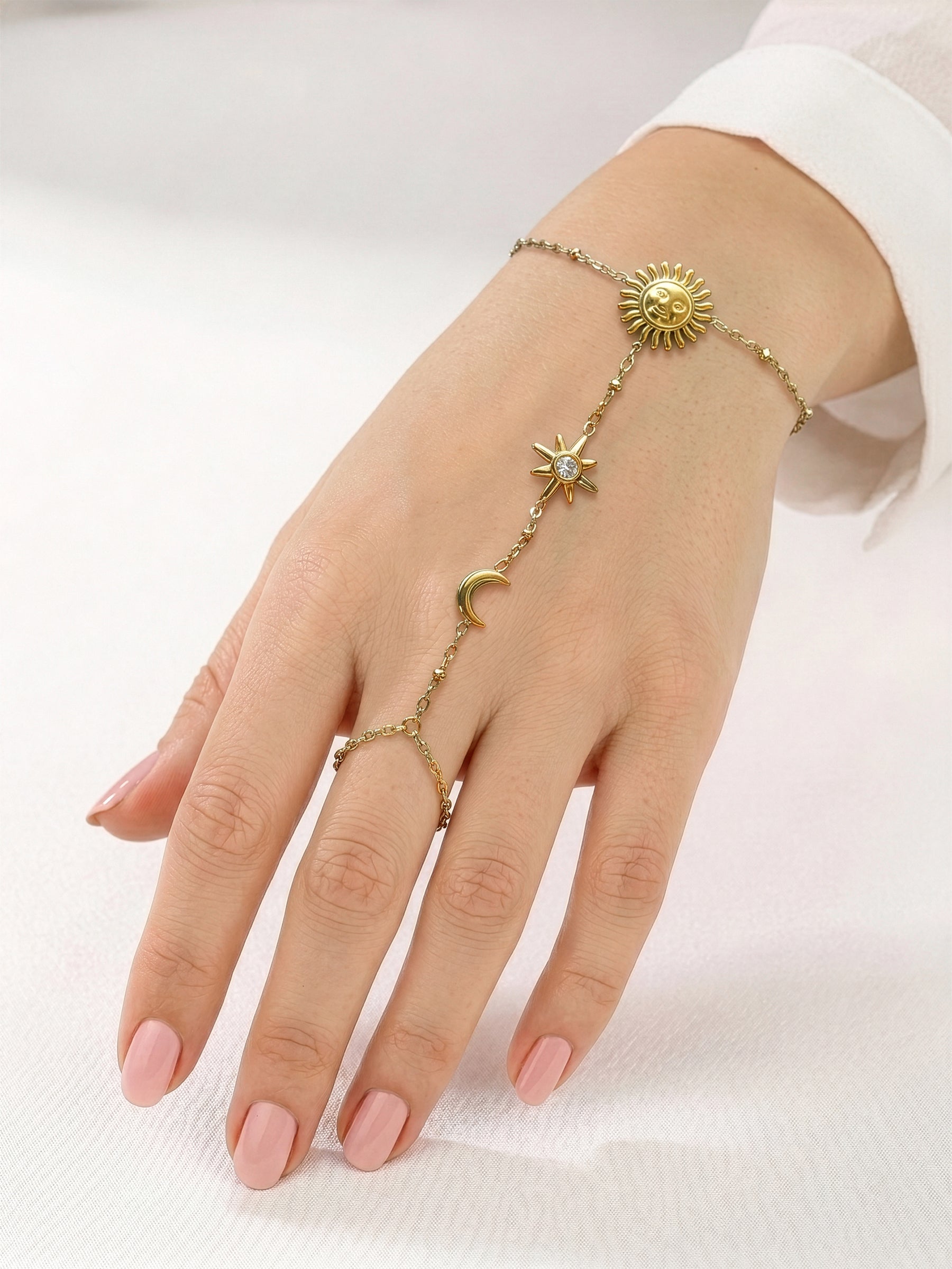 Solmeya Celestial Sun, Moon, Star Diamond Solitaire Sky Charms Beaded 18K Gold Plated Women's Ring Bracelet