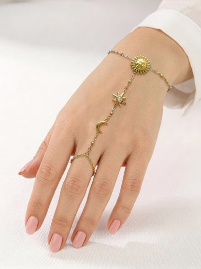 Solmeya Celestial Sun, Moon, Star Diamond Solitaire Sky Charms Beaded 18K Gold Plated Women's Ring Bracelet