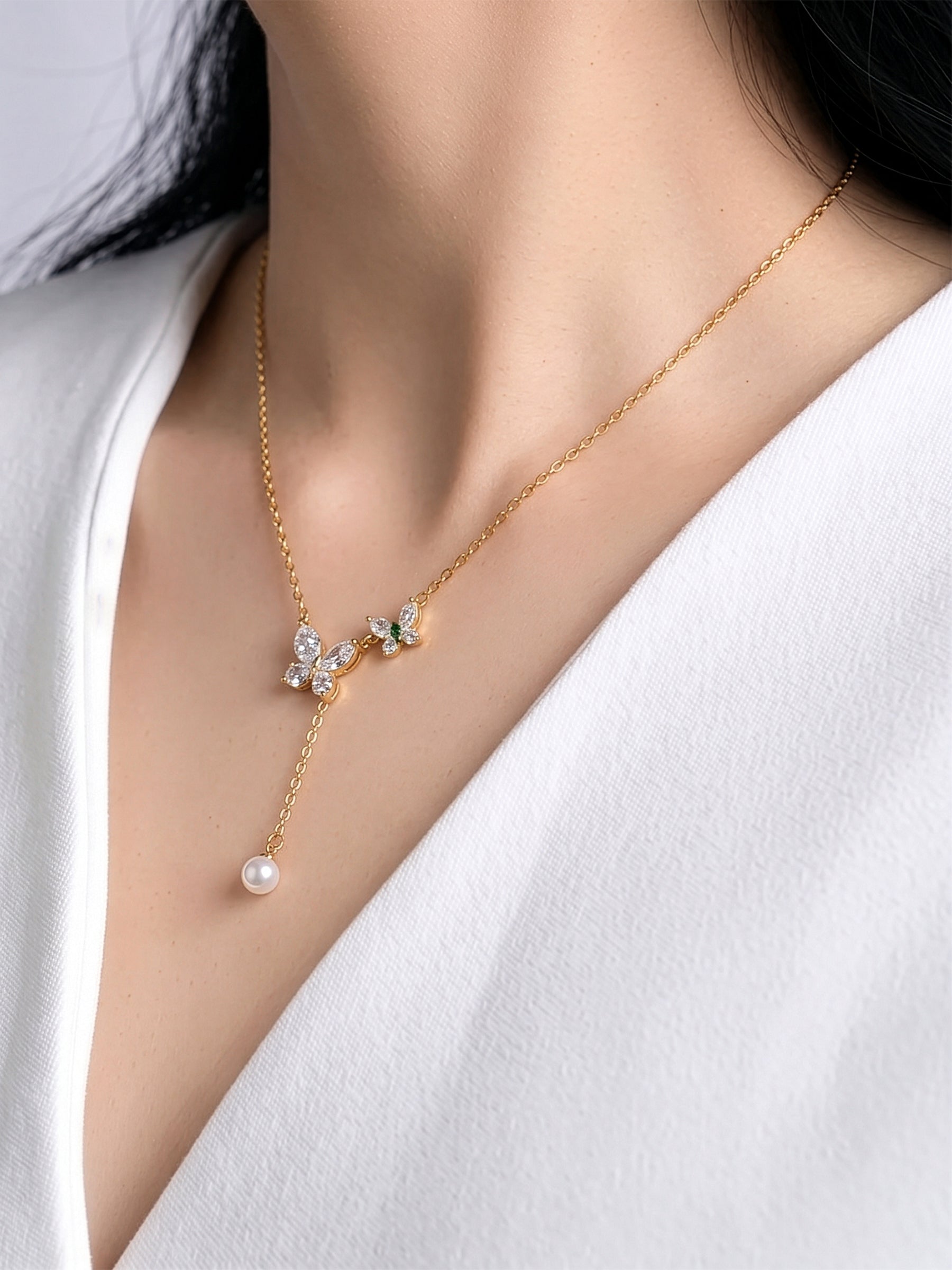 Soriel Butterfly Pearl Drop Diamomd Solitaire 18K Gold Plated Women's Chain Y - Shaped Necklace