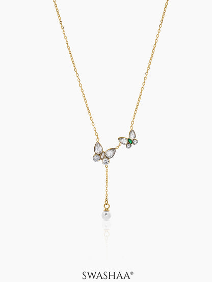 Soriel Butterfly Pearl Drop Diamomd Solitaire 18K Gold Plated Women's Chain Y - Shaped Necklace