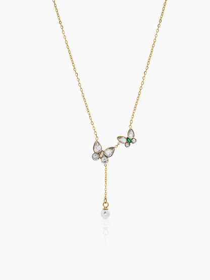 Soriel Butterfly Pearl Drop Diamomd Solitaire 18K Gold Plated Women's Chain Y - Shaped Necklace