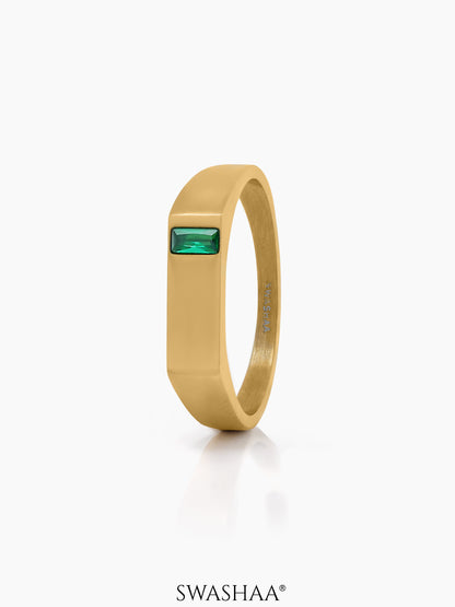 Sorin Green Solitaire Baguette Signet Band Men's Ring