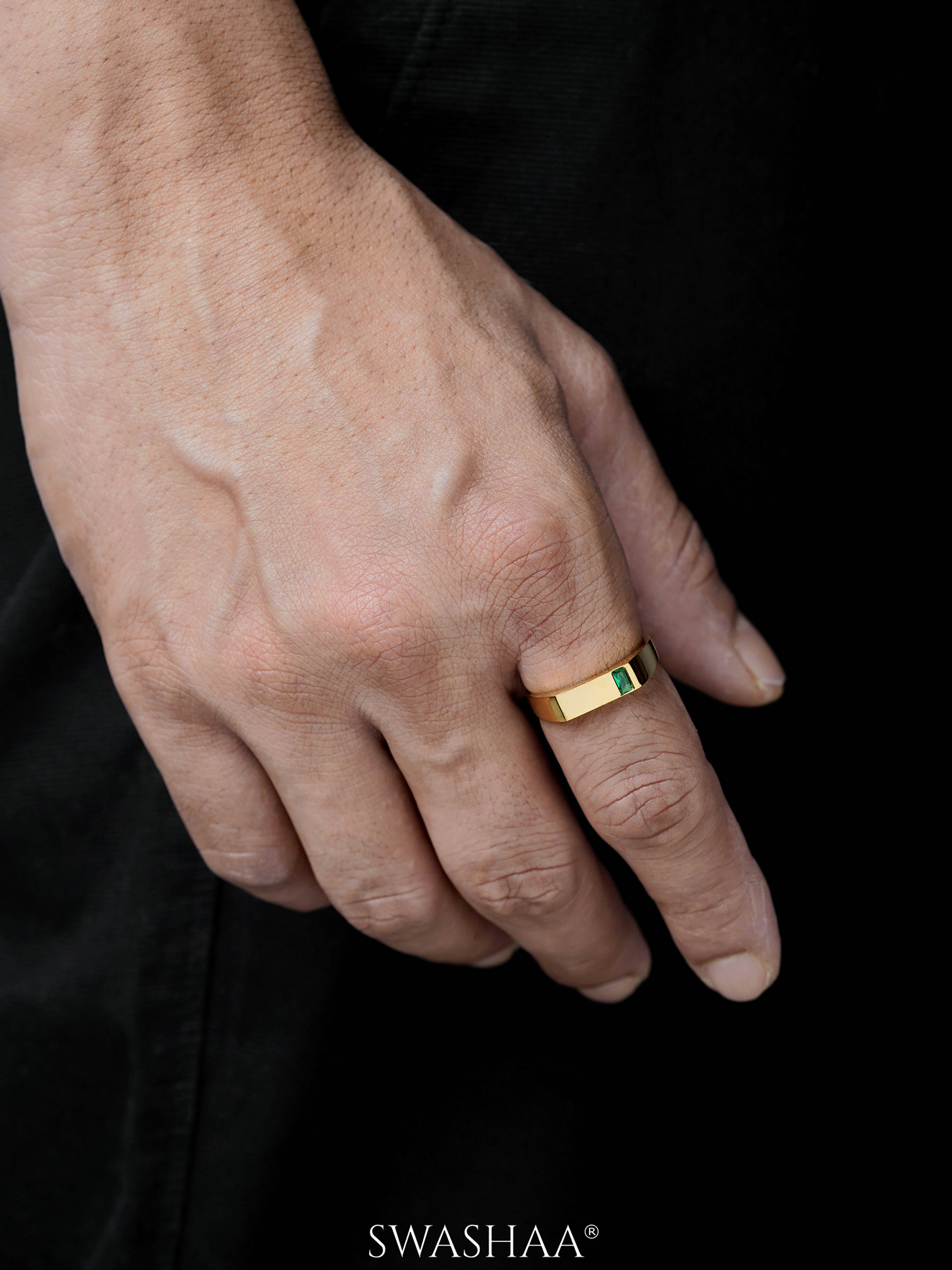 Sorin Green Solitaire Baguette Signet Band Men's Ring