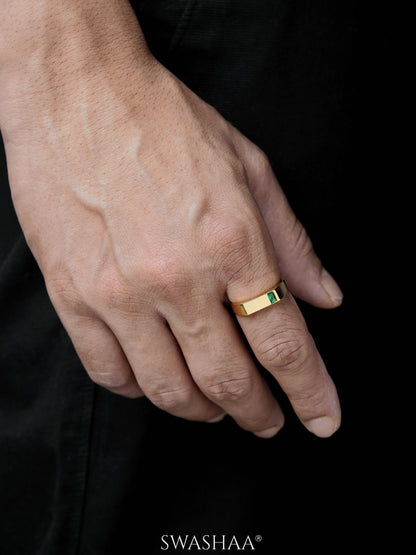 Sorin Green Solitaire Baguette Signet Band Men's Ring