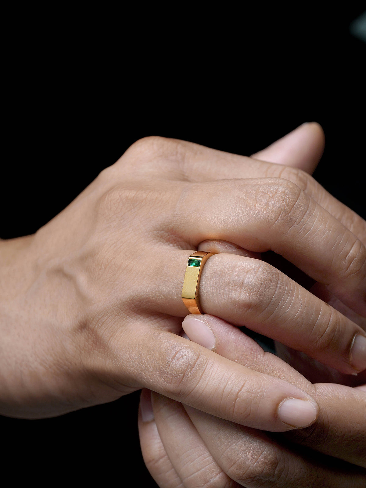 Sorin Green Solitaire Baguette Signet Band Men's Ring