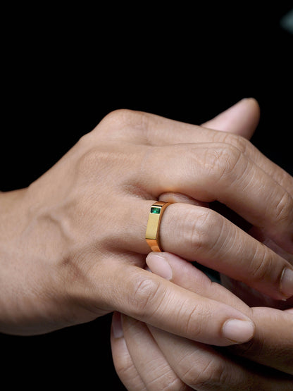 Sorin Green Solitaire Baguette Signet Band Men's Ring