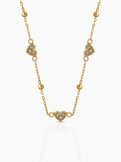 Sorina Heart Charm Beads Diamond CZ Stones 18K Gold Plated Women's Chain Necklace