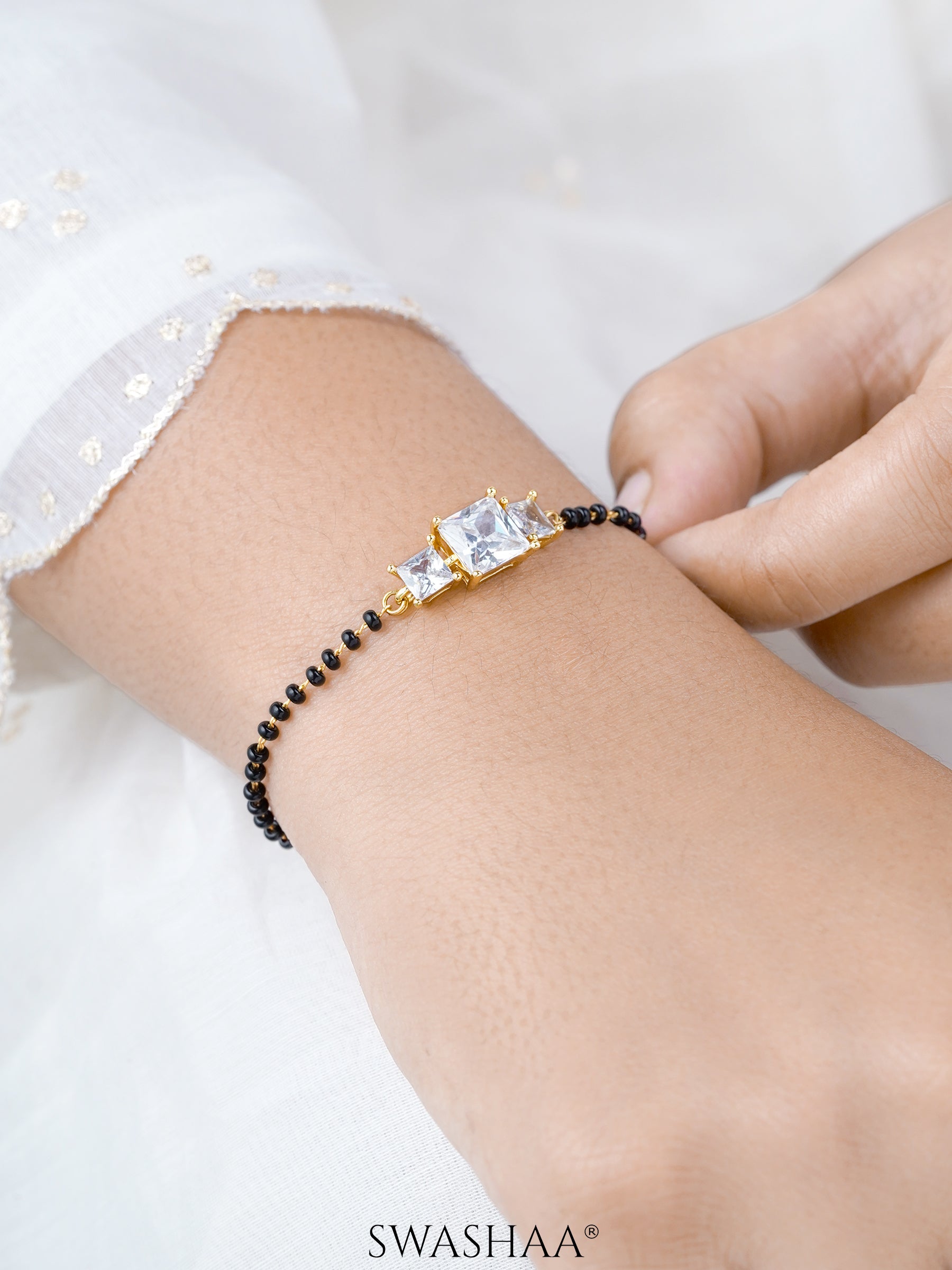 Square Cut Trio Diamond Solitaire 18K Gold Plated Mangalsutra Bracelets