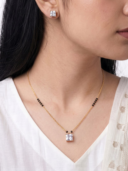 Square Solitaire 18K Gold Plated Mangalsutra Jewelry Set Of 2 - Necklace & Earrings