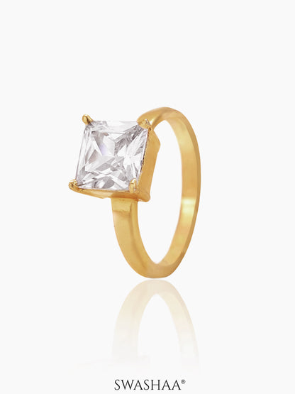 Square Diamond Solitaire 18K Gold Plated Ring