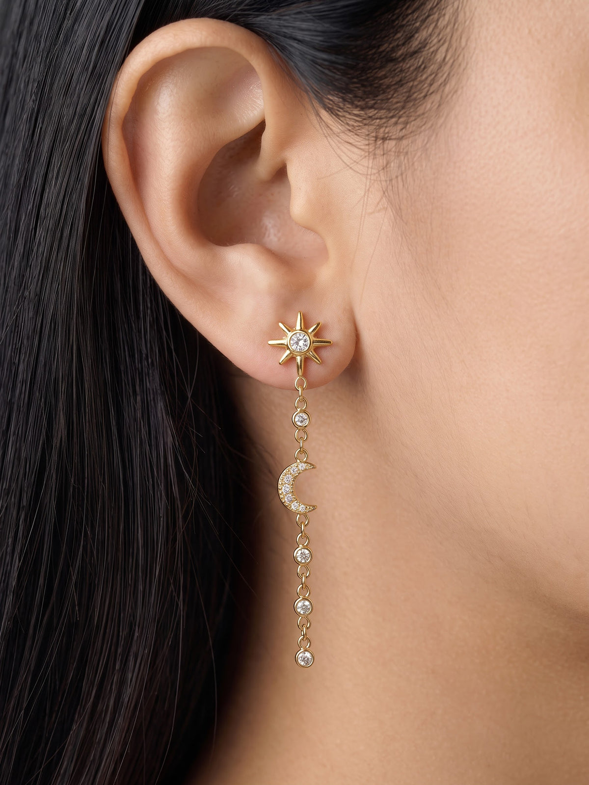 Starla Diamond Solitaire Star, Moon Charms 18K Gold Plated Women's Dangling Earrings