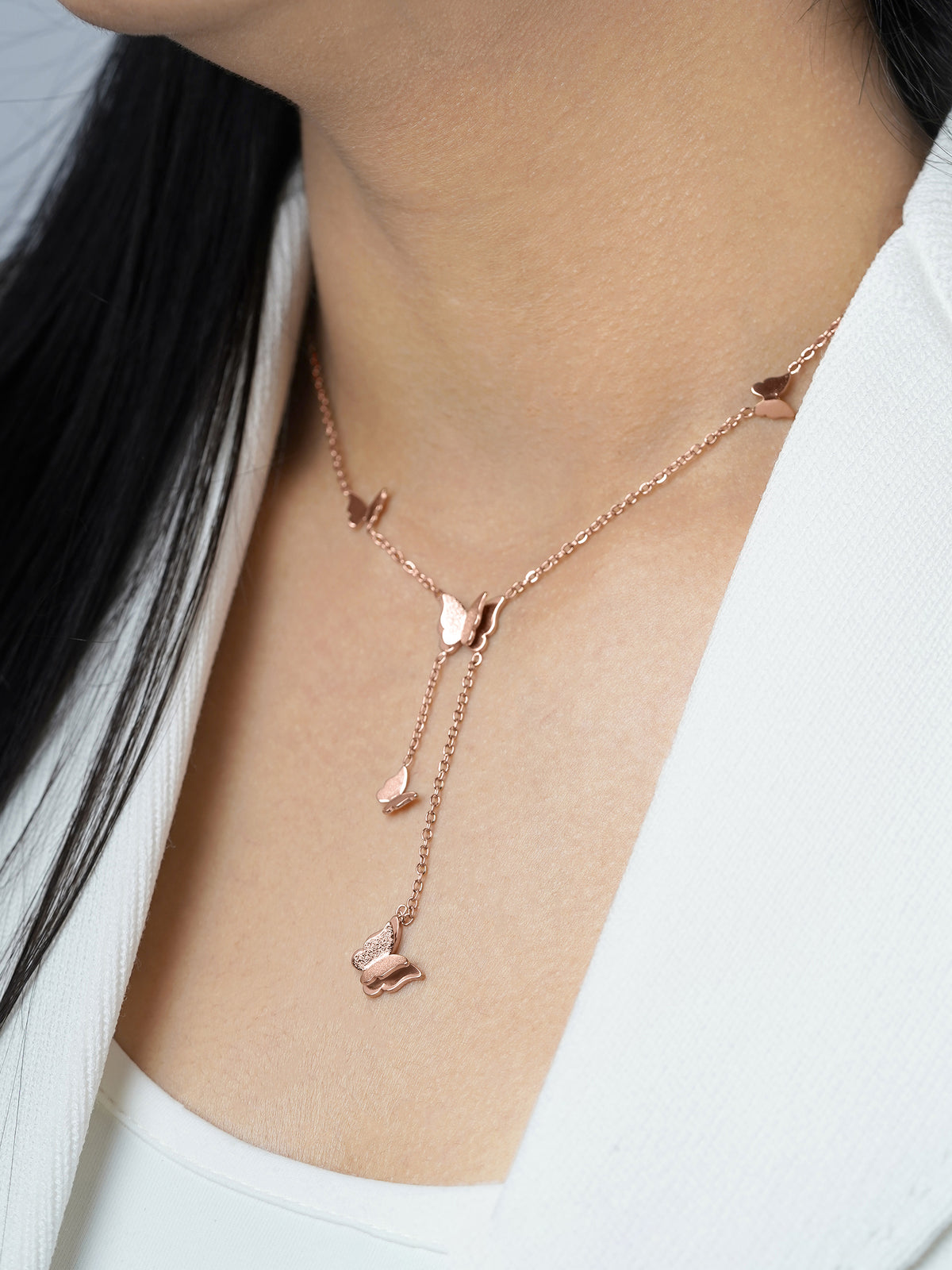 Statement Butterfly Charms Rosegold Plated Y-shaped Chain Pendant Necklace