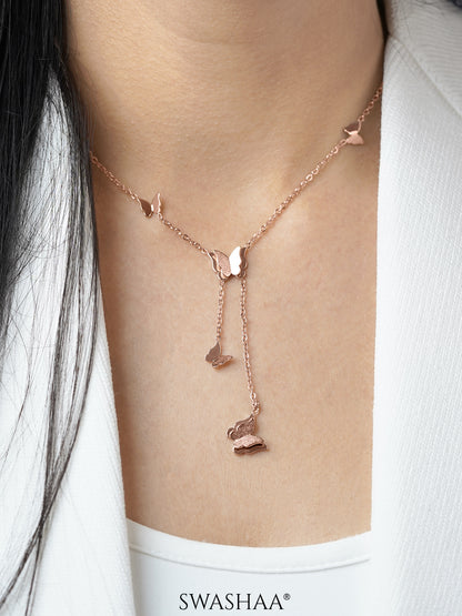 Statement Butterfly Charms Rosegold Plated Y-shaped Chain Pendant Necklace