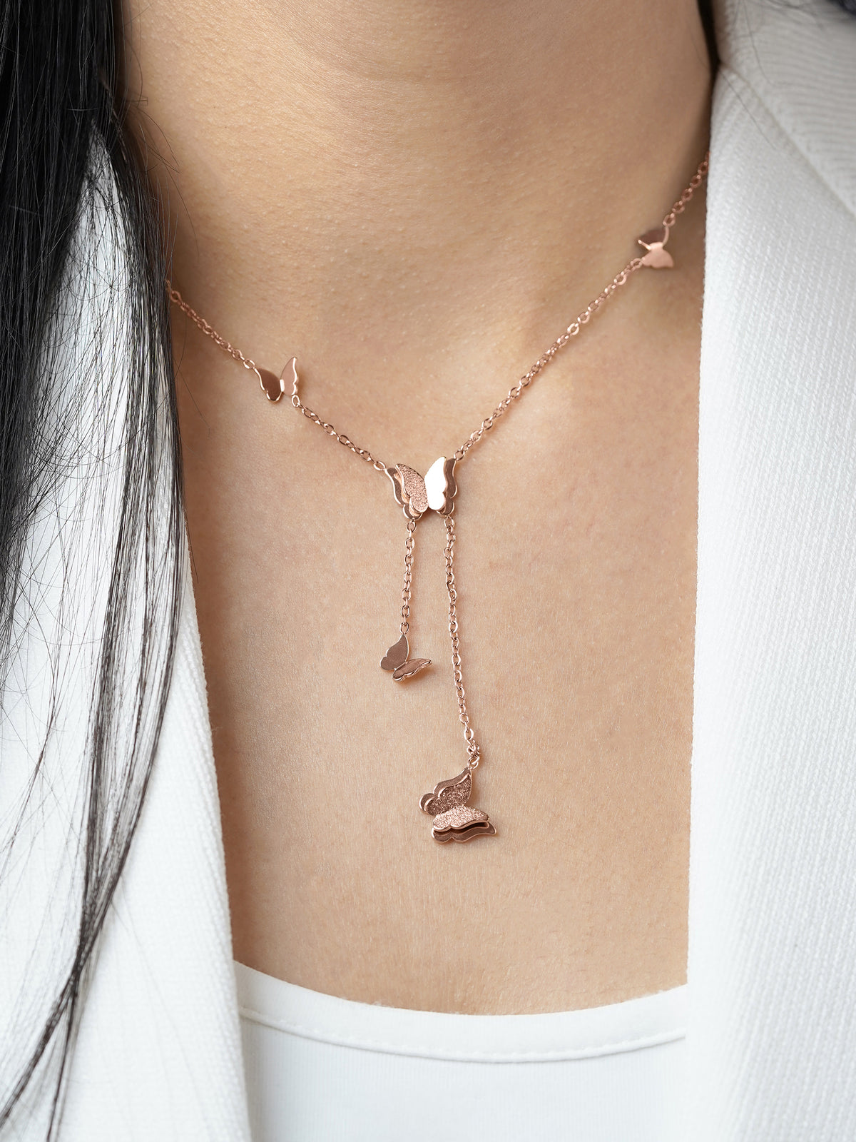 Statement Butterfly Charms Rosegold Plated Y-shaped Chain Pendant Necklace