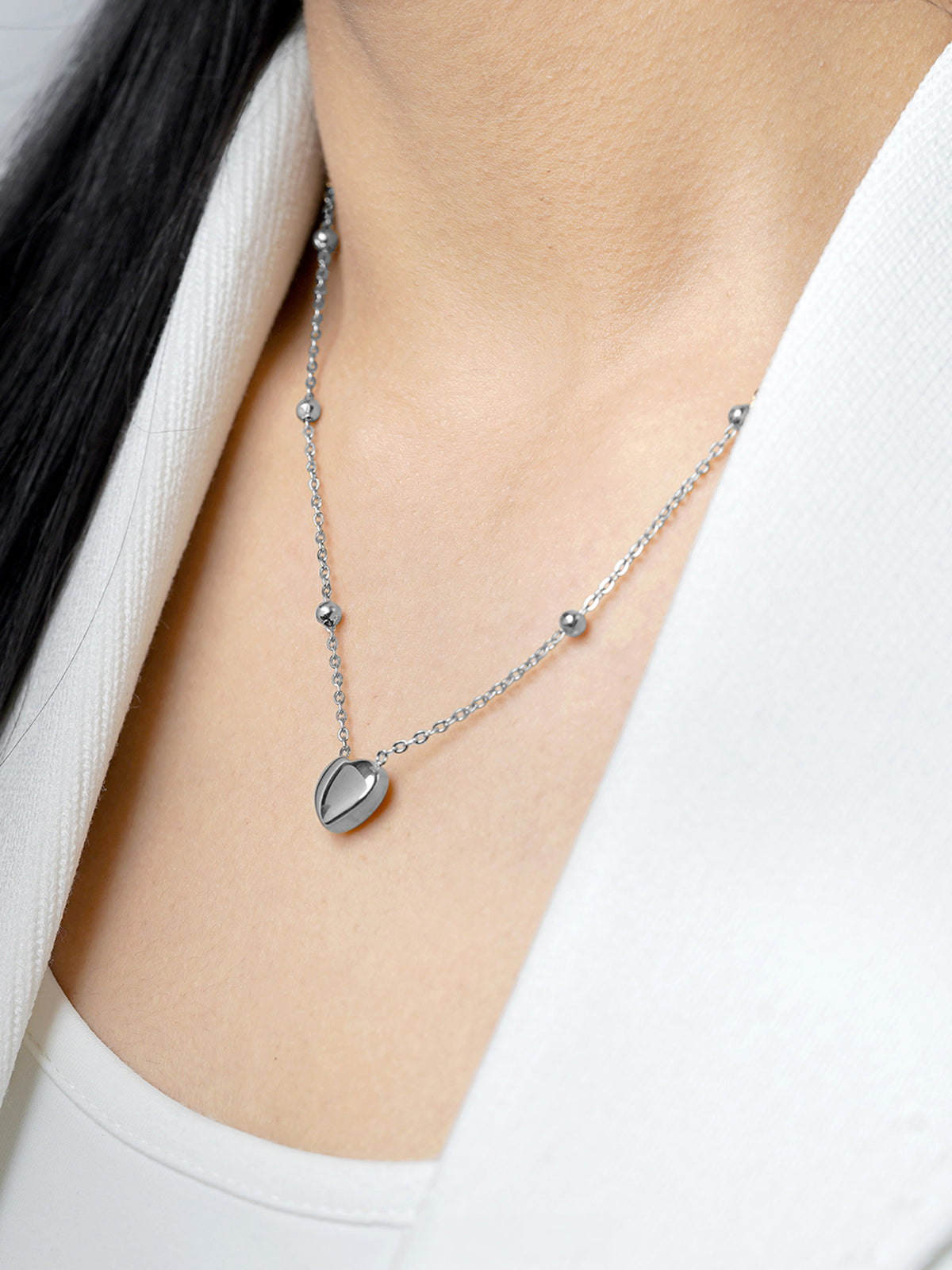 Statement Heart Charm Beads Silver Necklace