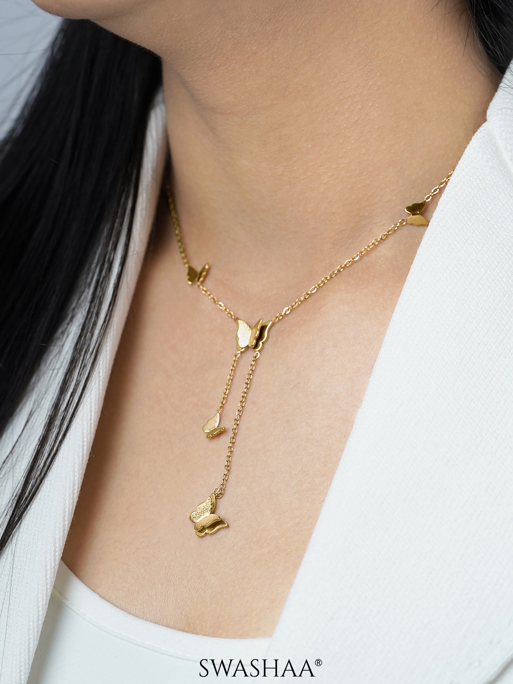 Statement Butterfly Charms 18K Gold Plated Y-shaped Chain Pendant Necklace