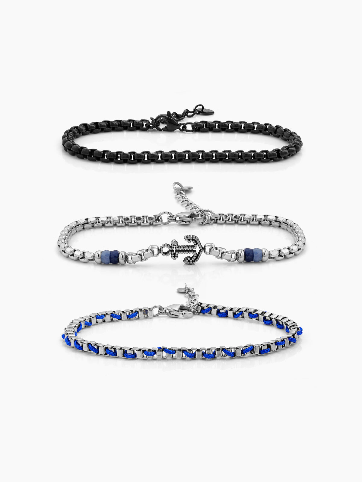 Stellan Round Box Charms Black,Blue - Silver Men's Loose Chain Bracelet Set