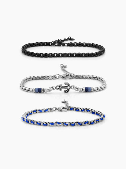 Stellan Round Box Charms Black,Blue - Silver Men's Loose Chain Bracelet Set