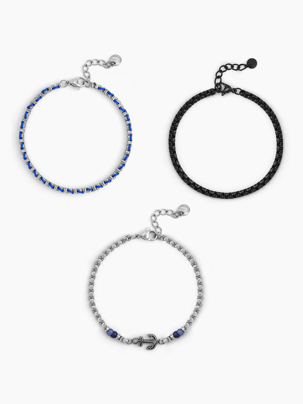Stellan Round Box Charms Black,Blue - Silver Men's Loose Chain Bracelet Set