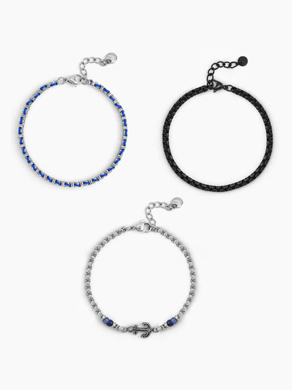Stellan Round Box Charms Black,Blue - Silver Men's Loose Chain Bracelet Set