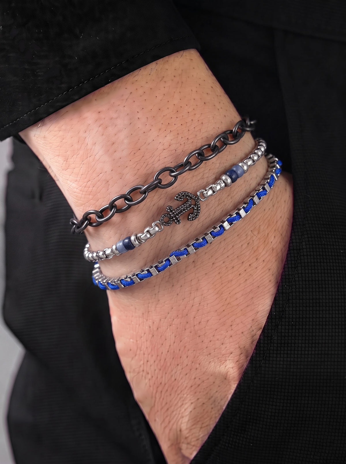 Stellan Round Box Charms Black,Blue - Silver Men's Loose Chain Bracelet Set