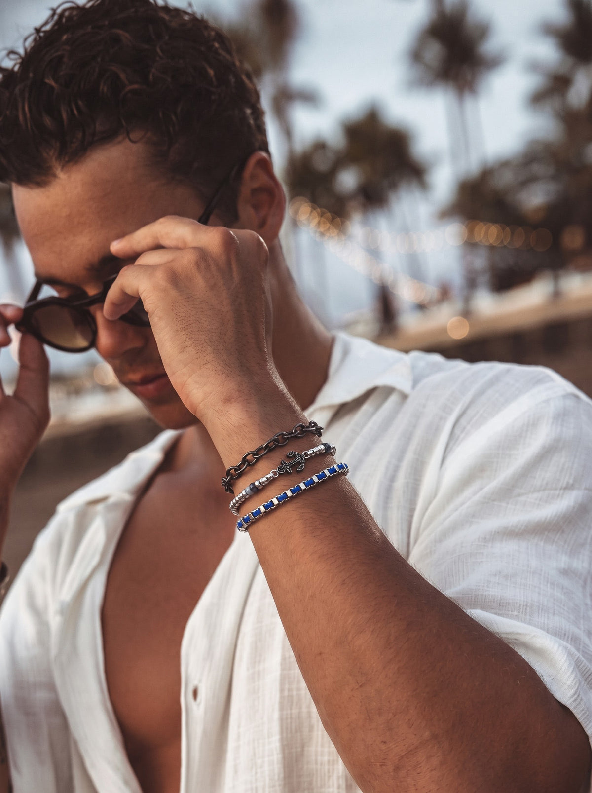 Stellan Round Box Charms Black,Blue - Silver Men's Loose Chain Bracelet Set