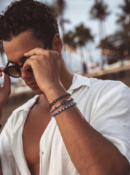 Stellan Round Box Charms Black,Blue - Silver Men's Loose Chain Bracelet Set