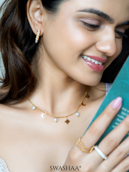 Sun Moon Star Charms 18K Gold Plated Necklace, Olga Dainty White Pearl 18K Gold Plated Half Hoop Earrings