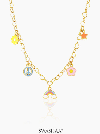 Sunday, Star, Flower, Rainbow Charms 18K Gold Plated Kid's Necklace
