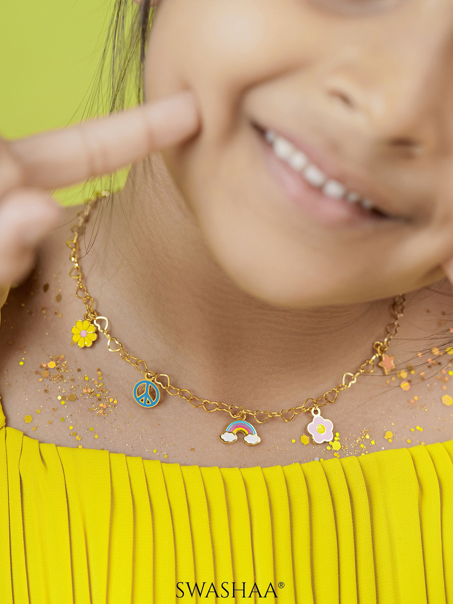 Sunday, Star, Flower, Rainbow Charms 18K Gold Plated Kid's Necklace