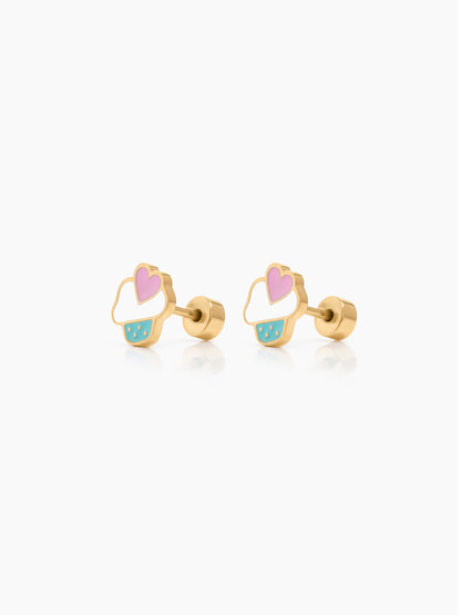 Sweet Treat Cupcake Pink Heart 18K Gold Plated Kid's Stud Earrings