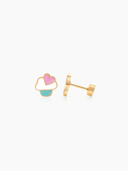Sweet Treat Cupcake Pink Heart 18K Gold Plated Kid's Stud Earrings