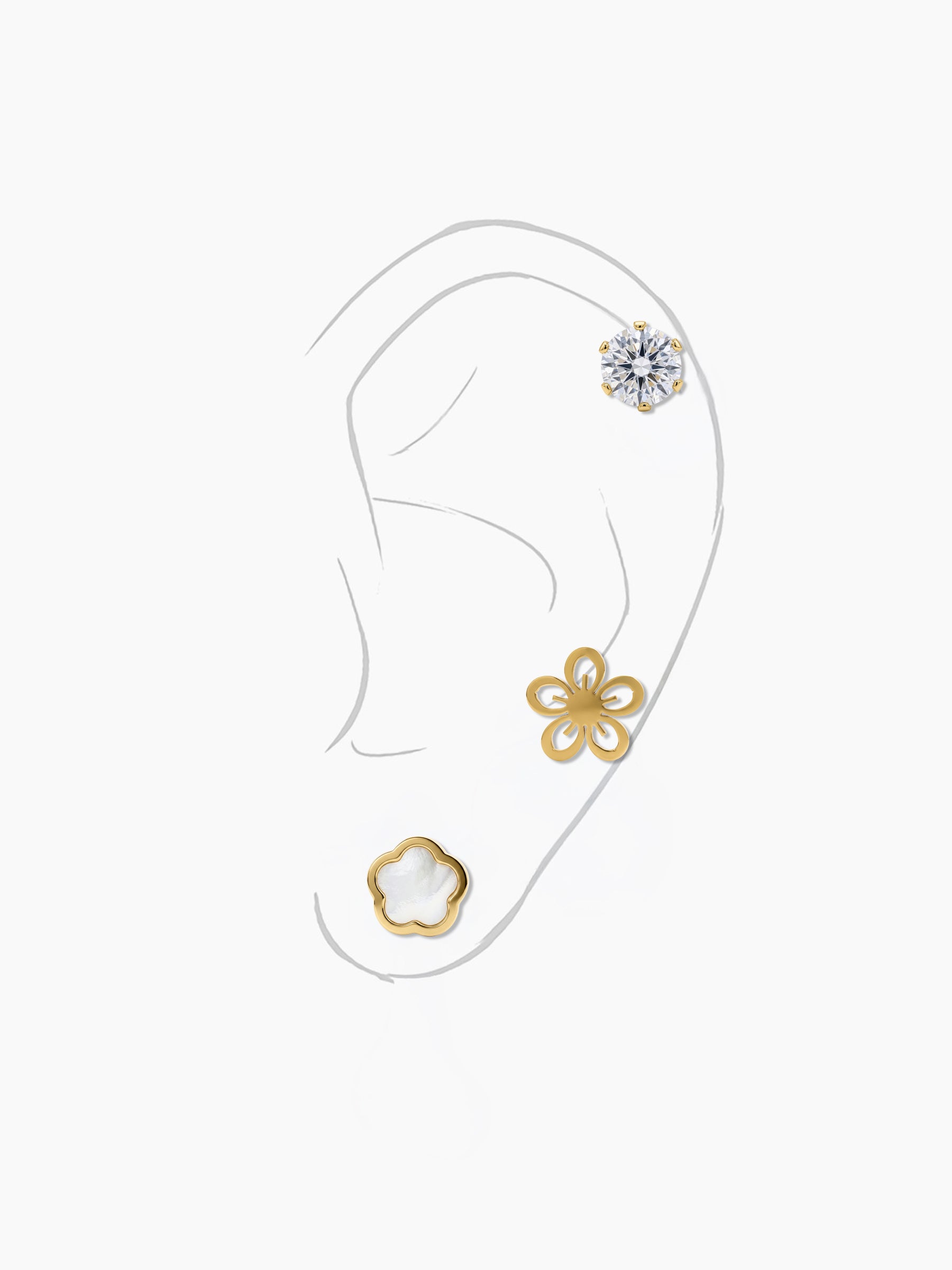 Tahila Floral Trio Round Diamond 18K Gold Plated Women's Stud Earrings Set