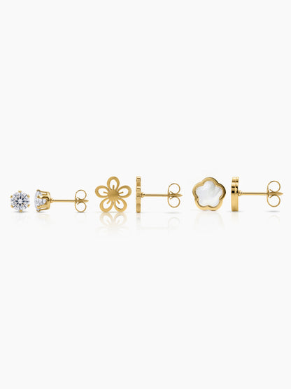 Tahila Floral Trio Round Diamond 18K Gold Plated Women's Stud Earrings Set