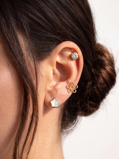 Tahila Floral Trio Round Diamond 18K Gold Plated Women's Stud Earrings Set