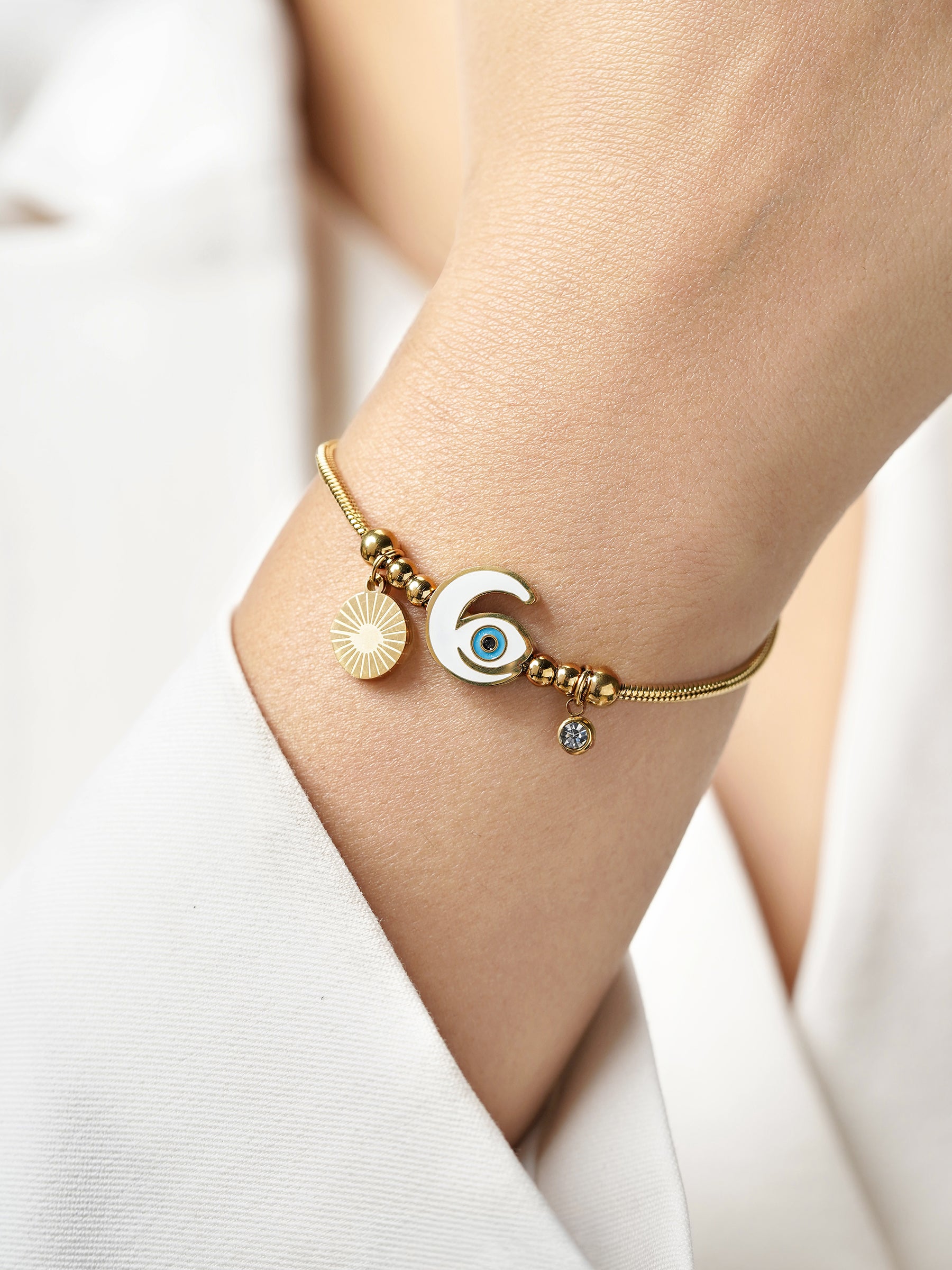 Tanhaa Moon Evil Eye Charms Beads 18K Gold Plated Loose Bracelet