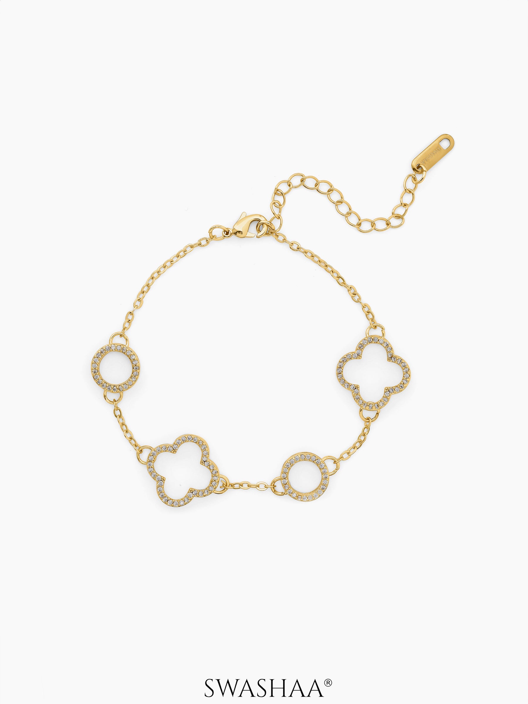 Tanira Clover Circular Motifs Holo Diamond 18K Gold Plated Bracelet