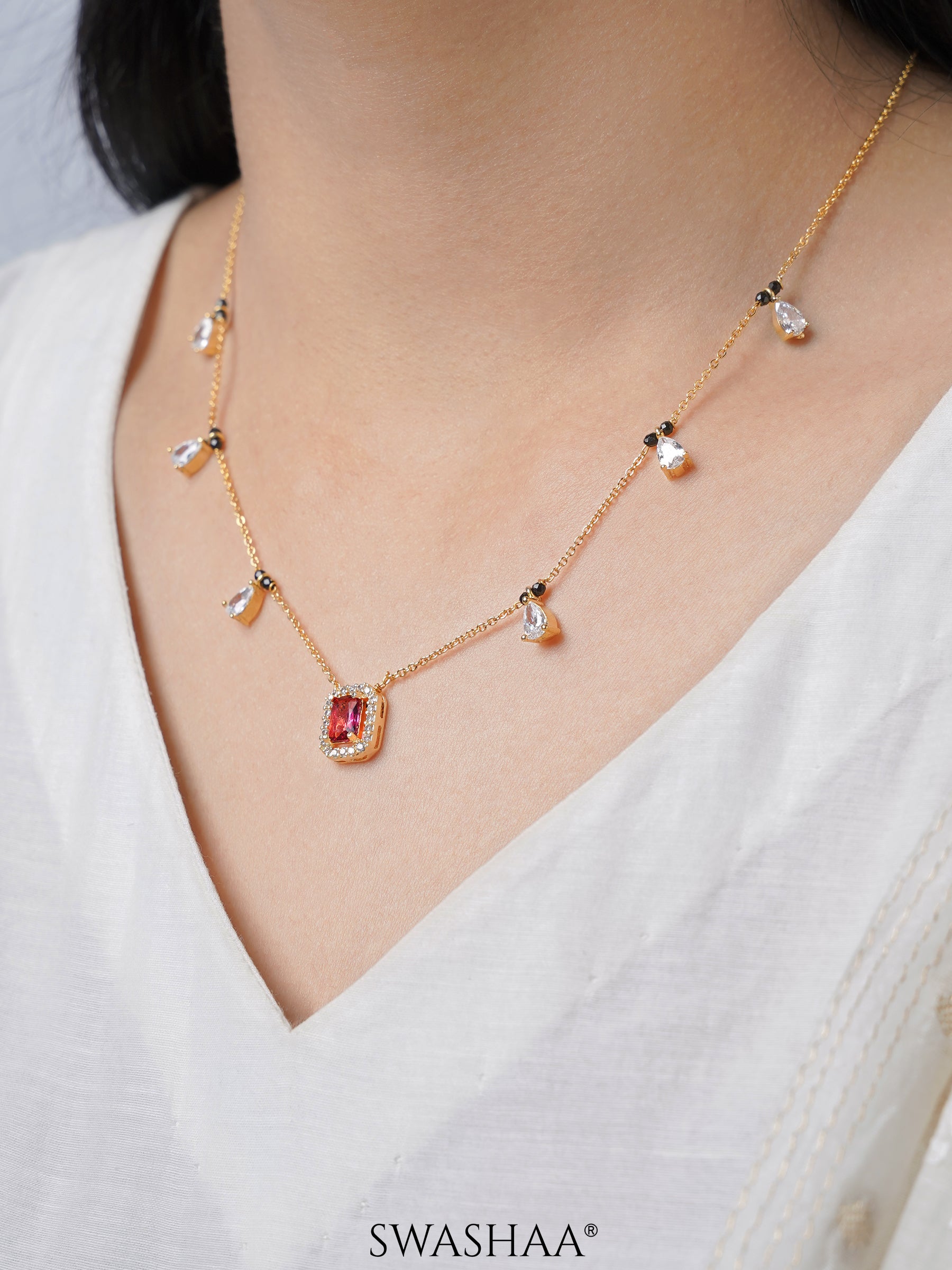 Tara Pink Emerald Shape Pear Diamond 18K Gold Plated Mangalsutra