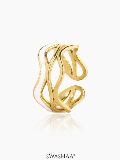 Tariya White Wavy Curves Enamel 18K Gold Plated Ring