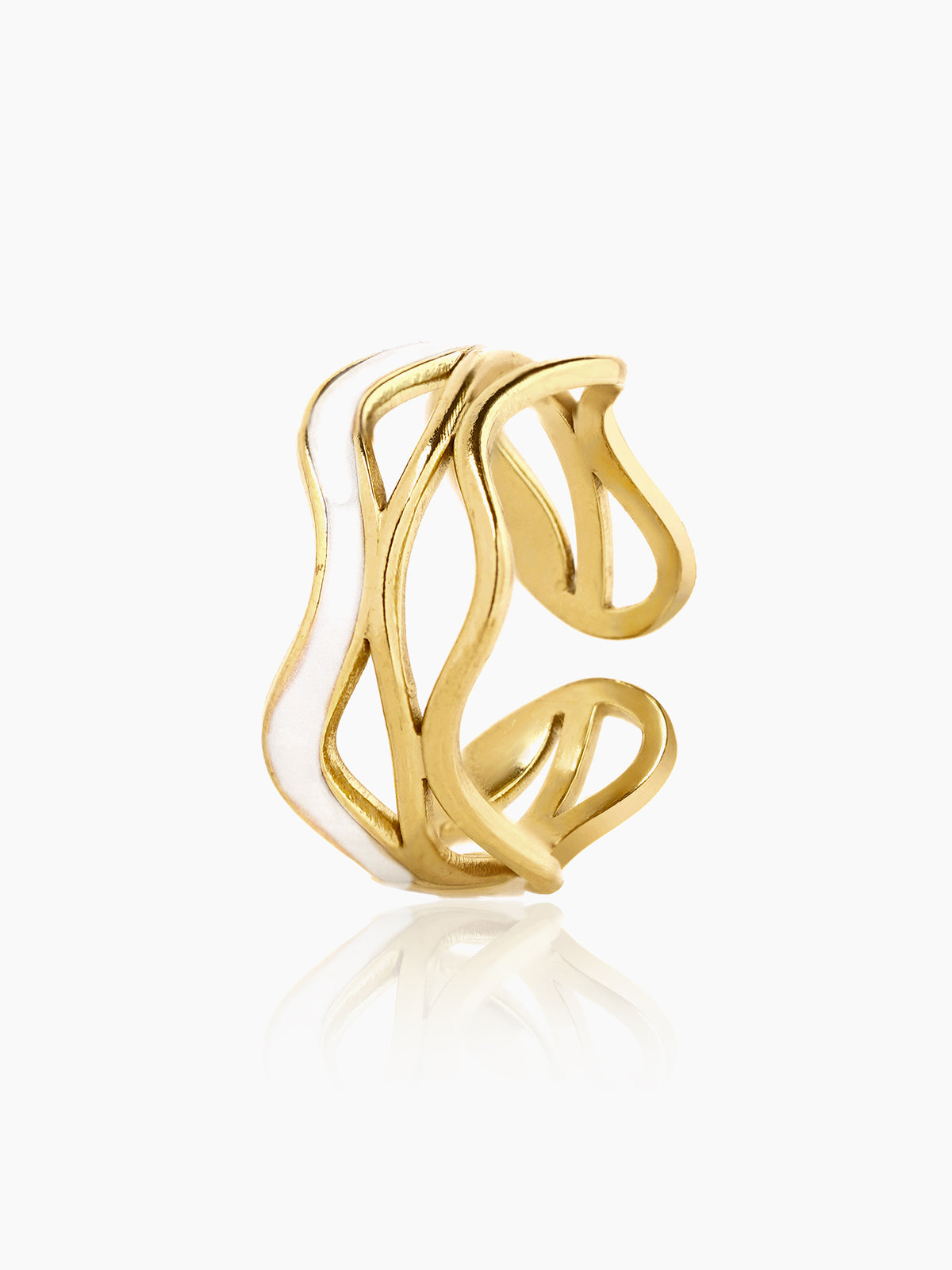 Tariya White Wavy Curves Enamel 18K Gold Plated Ring