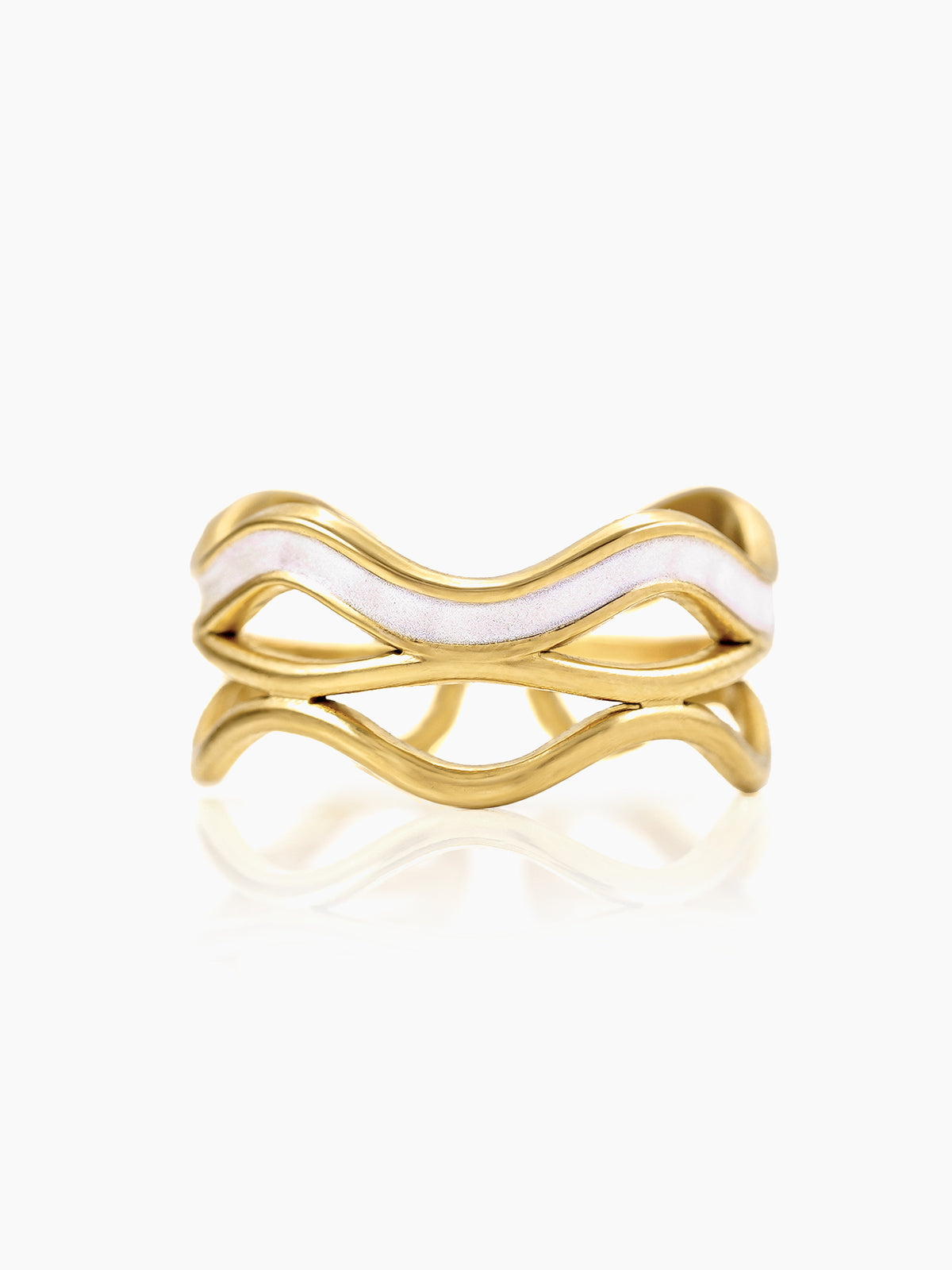 Tariya White Wavy Curves Enamel 18K Gold Plated Ring